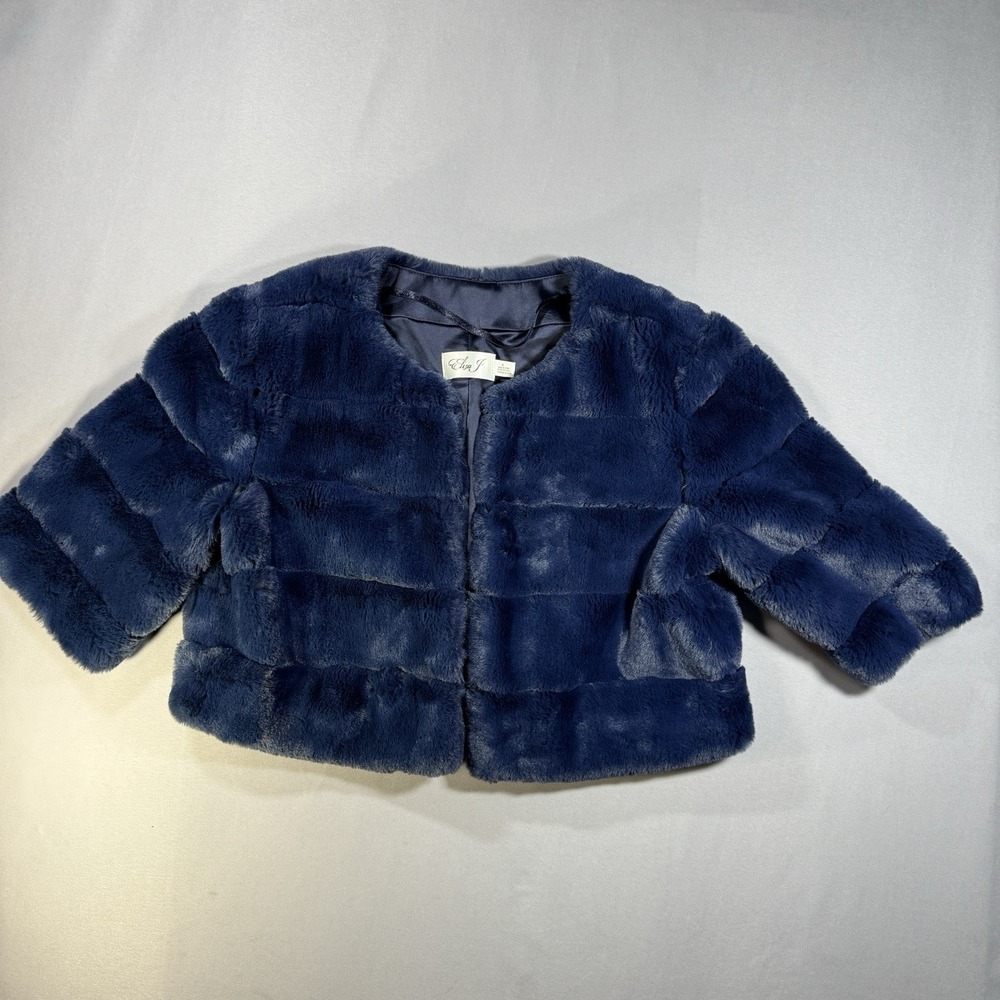 Eliza J Navy Blue Faux Fur Cropped Bolero Jacket Small Tiered Shrug Hollywood